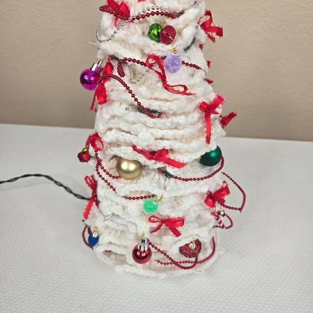 Vintage 80s Crochet Handmade White Christmas Tree Red Ribbons Ornaments Lights U